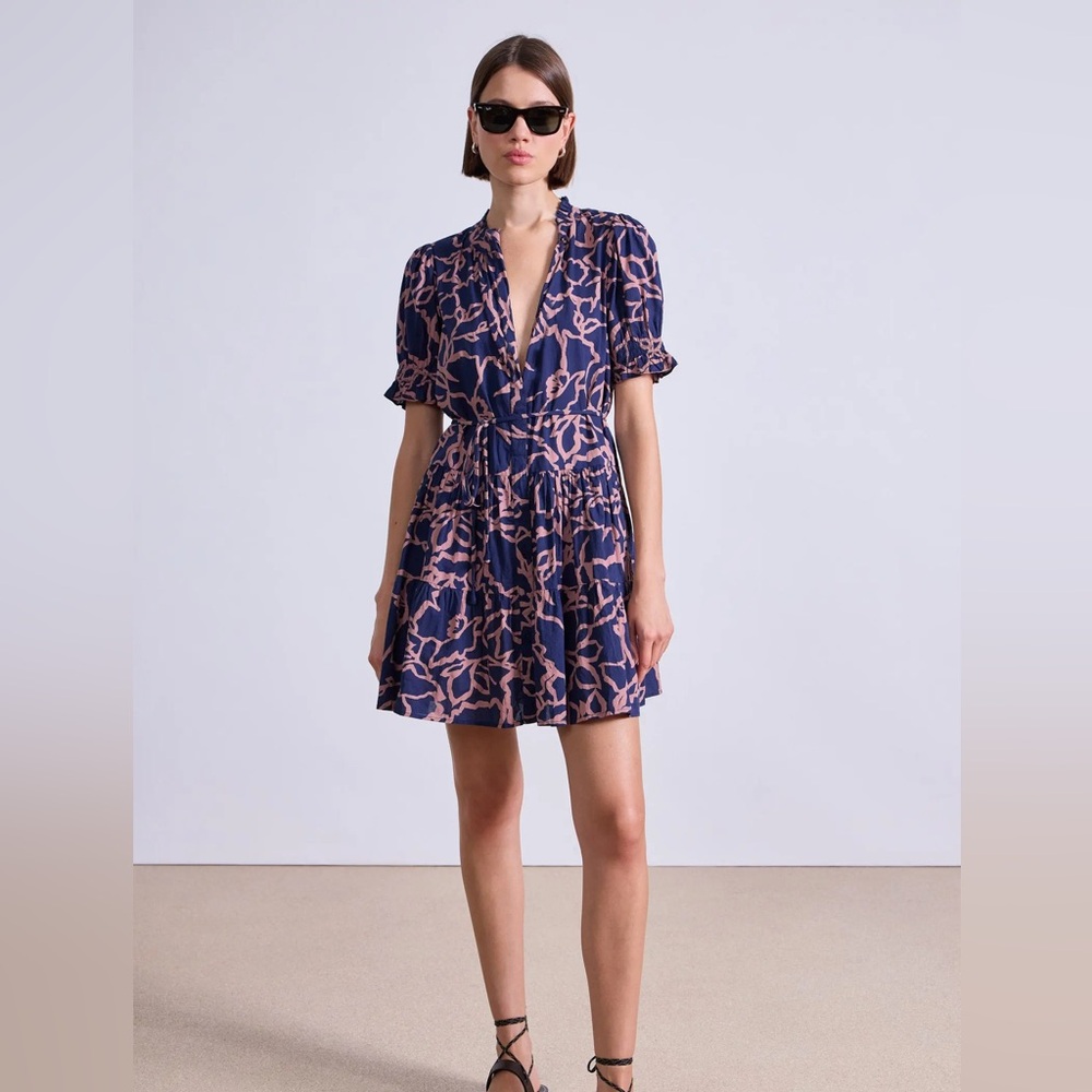 Apiece Apart Blue and Pink Puff Sleeve Mini Dress Wedding Guest